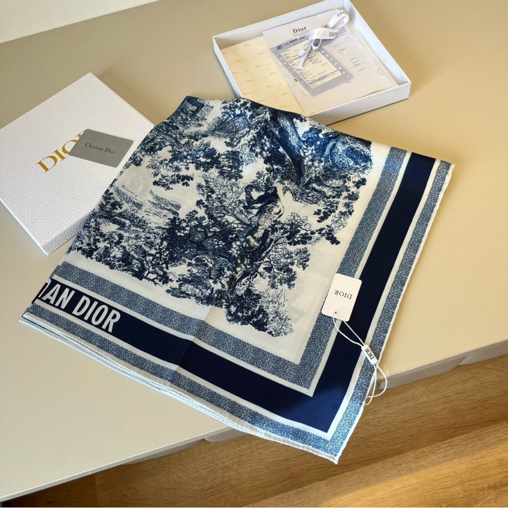 Dior Style Navy & White Toile de Jouy Print Silk Scarf - Picture 6 of 7